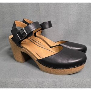 Aetrex Black Leather Ankle Strap Block Heel Clog Sandals Womens Size 6 Comfort